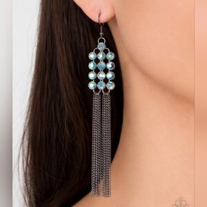 Gunmetal Chain Tassel Drop Earrings with Blue Crystal Accents New Without Tags